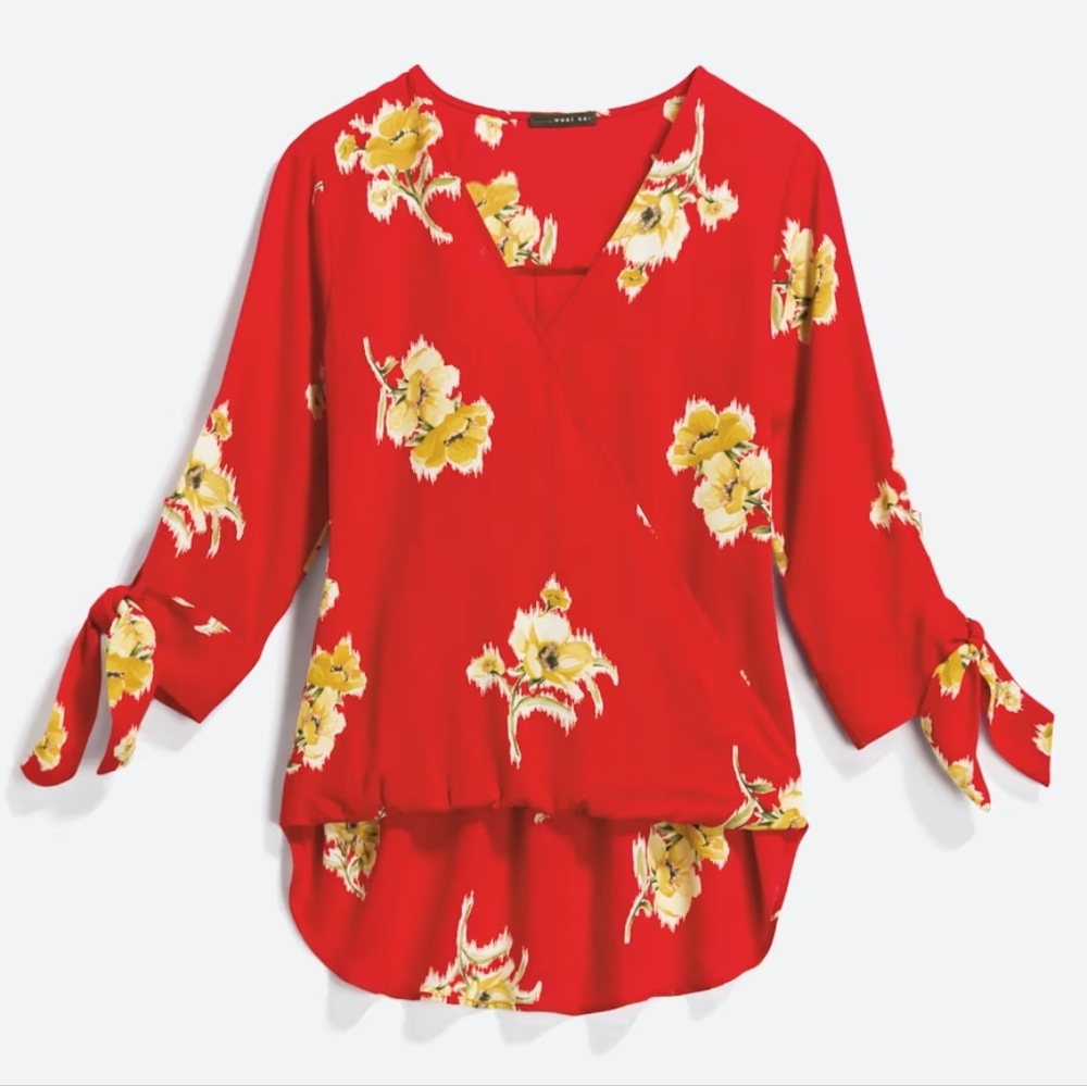 West Kei Red Floral Wrap Blouse, Size Small